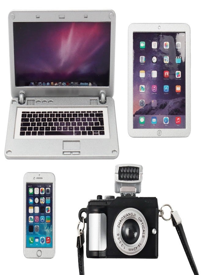 Bbiamsleep 4 Pcs Miniature Laptop Computer Tablet Phone Camera Simulation Accessories Mini Laptop Computer Phone Camera Ornaments for 1/4 1/6 1/12 Scale Mini House Accessories - Image 1